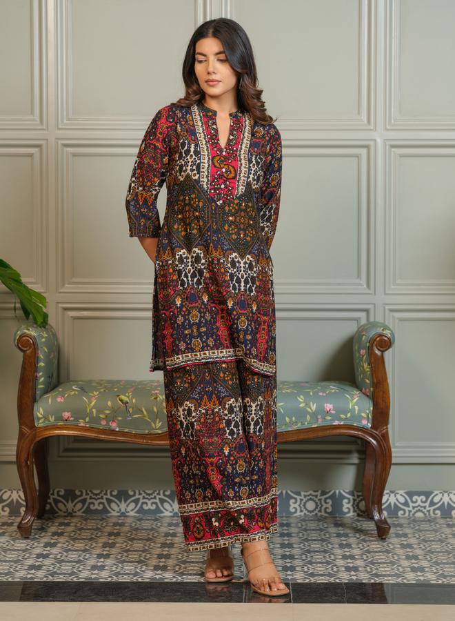 دي دبليو طقم منسق من بلوزة وبنطال بالازو بطبعة أجراك للنساء - Image 1